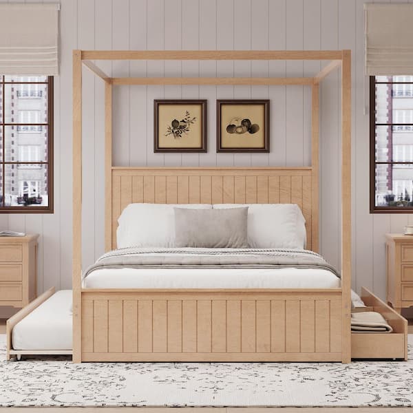 Natural/Yellow Wood Frame Queen Canopy Bed with Trundle and 3-Storage Drawers