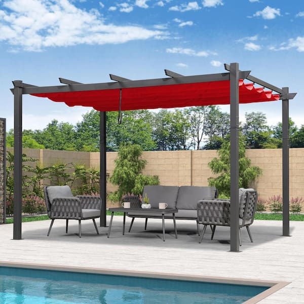 PURPLE LEAF 11 ft. x 13 ft. Gray Aluminum Frame Outdoor Patio Pergola Gazebo with Red Retractable Sun Shade Canopy for Backyard