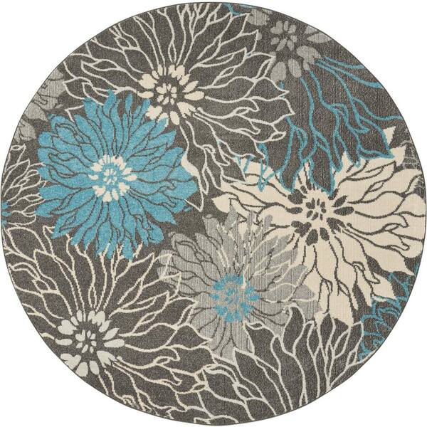 Nourison Passion Charcoal/Blue 8 ft. x 8 ft. Floral Contemporary Round
