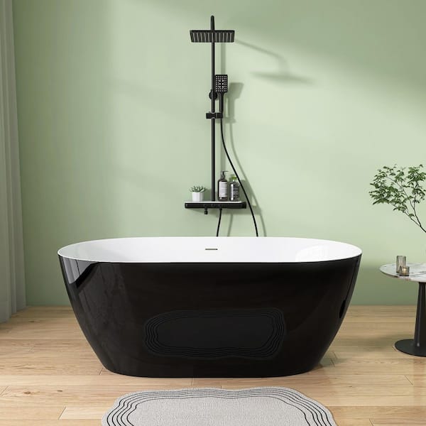 Zeafive Zey 59 in. x 30 in. Acrylic Free Standing Soaking Tub Flatbottom Freestanding Bathtub with Pop-Up Drain in Glossy Black
