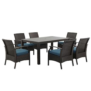 7-Piece Wicker Outdoor Dining Set Sectional Seating Arm Chair Table Set with Blue Cushions