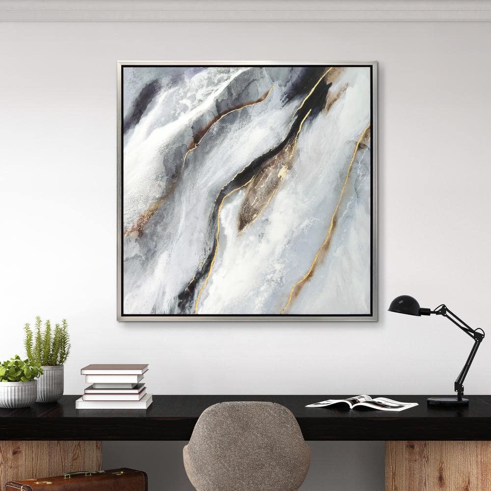 Flood Abstract Black and White Canvas with Gold Leaf and Champagne Frame, 36" x 36"