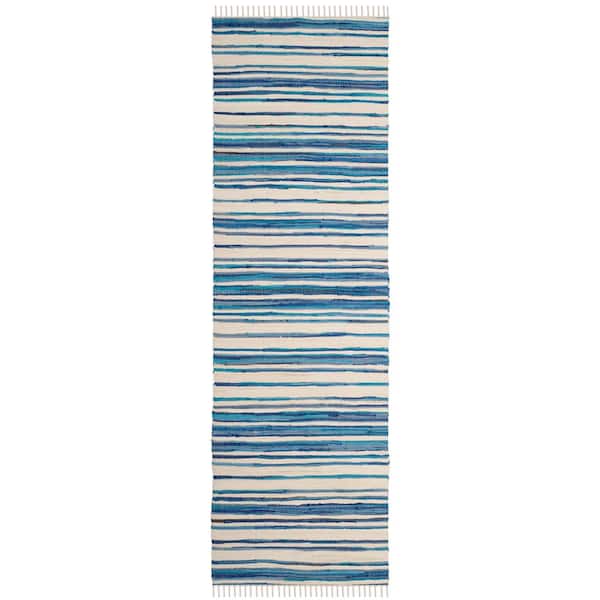 SAFAVIEH Rag Rug Ivory/Blue 2 ft. x 12 ft. Striped Runner Rug