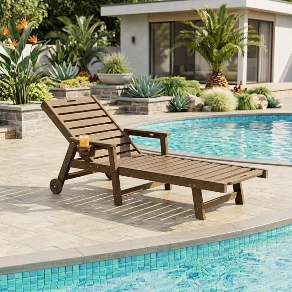 HDPE Patio Chaise Lounge Chair with Wheels & Cup Holder, 5-Position Reclining Outdoor Pool Lounger, Brown price history on PriceWatchPro