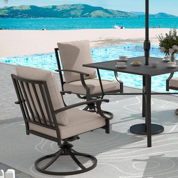 Halmuz Brown Swivel Metal Outdoor Dining/Restaurant Rocking Chairs with Vertical Back and Sand Cushions (2-Pack)