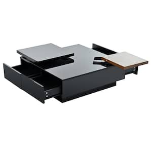 Modern High Gloss 31.5- 40.9 in. Black Square Wood Coffee Table with 4-Drawer, 2 Movable Top Shelves