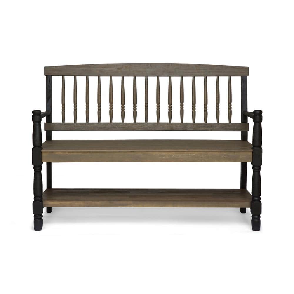 Gray and Black Acacia Wood Farmhouse Bench with Shelf