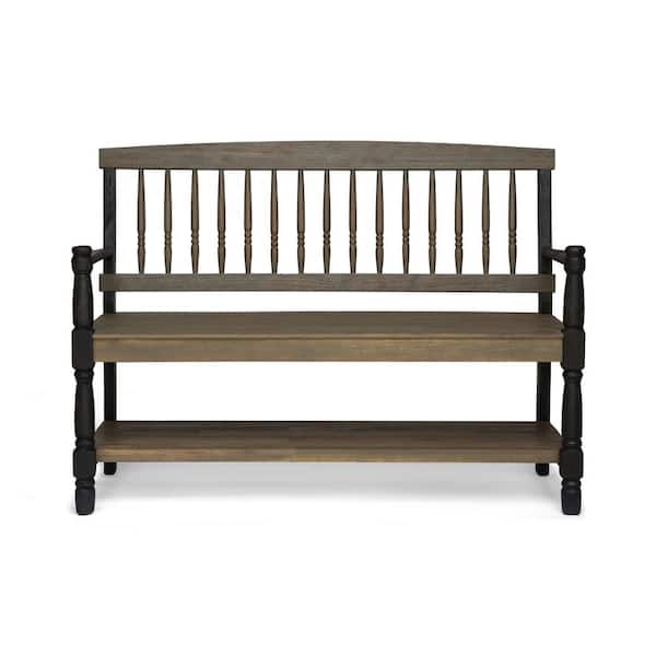 Corinne 2-Person Gray and Black Wood Outdoor Patio Bench with Shelf