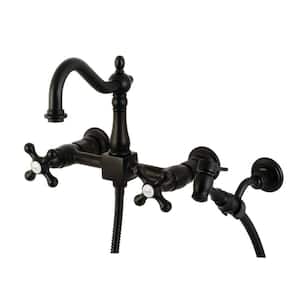 Heritage 2-Handle Wall Mount Kitchen Faucets with Brass Sprayer in Matte Black