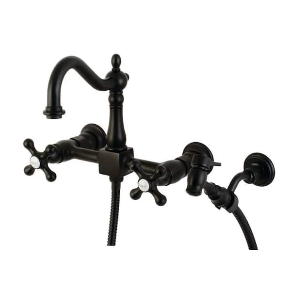 Kingston Brass Heritage 2-Handle Wall Mount Kitchen Faucets with Brass Sprayer in Matte Black