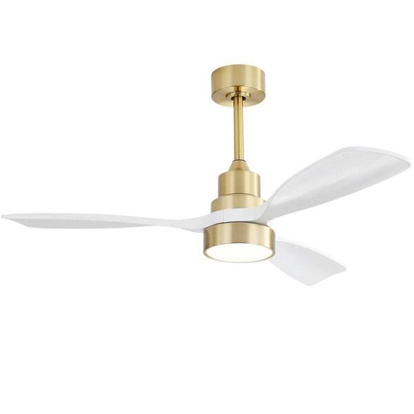48 in. Gold Propeller Ceiling Fan with Dimmable LED Light,  3 Wood White Blades, Downrod, Reversible, Remote Control