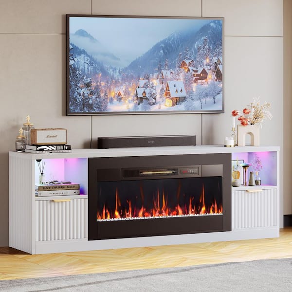 71 in. Fluted Glossy White Electric Fireplace TV Stand Fits TV Up to 75 in. Entertainment Center with Cabinet