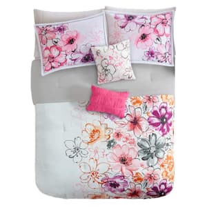 Asymmetrical Full Queen Size Polyester Floral Comforter Set 1 Comforter, 2 Shams, 1 Square, 1 Oblong Pillow Case in Pink