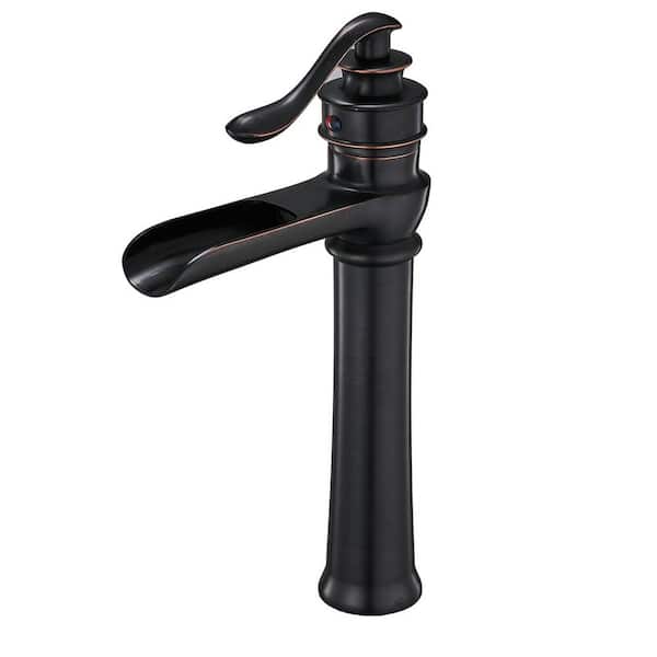 FLG Single Handle Single Hole Waterfall Bathroom Vessel Sink Faucet Commercial Brass High Tall Taps in Oil Rubbed Bronze