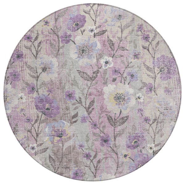 Chantille Machine Washable Indoor/Outdoor Abstract ACN2403 Lilac 8 ft. x 8 ft. Round Rug