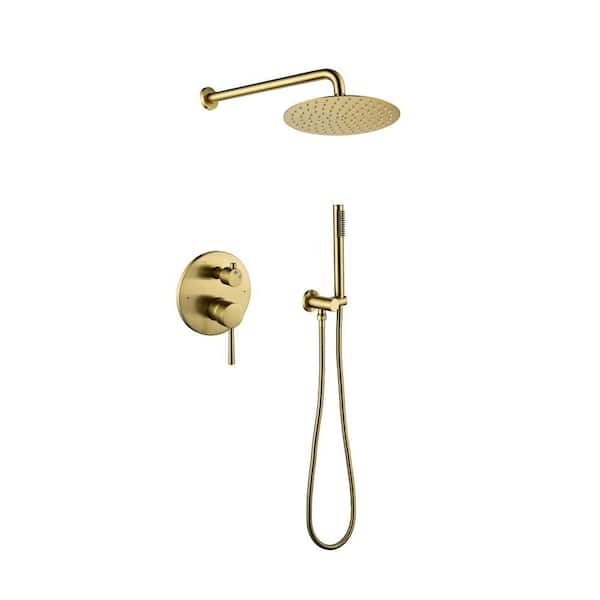 Mondawe 2-Spray Patterns 10 in. Wall Mount Round Rainfall Dual Shower Heads in Brushed Gold-Round with Handheld