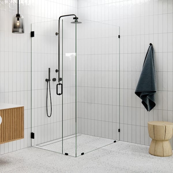 35 in. W x 44.5 in. D x 78 in. H Pivot Frameless Corner Shower Enclosure in Matte Black Finish with Clear Glass