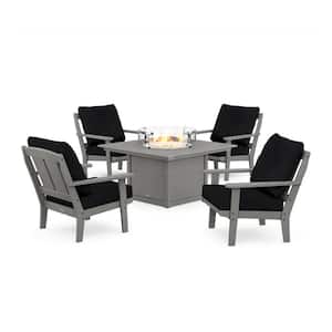 Mission 5-Pieces Plastic Patio Fire Pit Deep Seating Set in Slate Grey with Midnight Linen Cushions