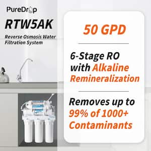 RTW5AK Reverse Osmosis Alkaline Water Filtration System, 6 Stage pH+ Alkaline Remineralization Under Sink, with Faucet