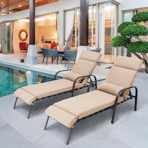 2-Piece Adjustable Metal Outdoor Chaise Lounge with Tan Cushion