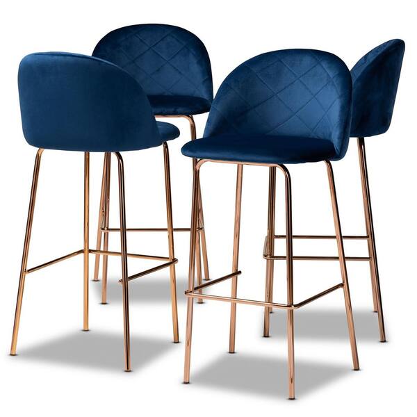 Baxton Studio Addie 30.3 in. Navy Blue and Rose Gold Bar Stool (Set of 4)