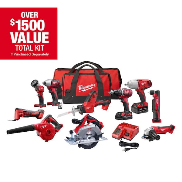 Milwaukee M18 18V Lithium-Ion Cordless Combo Kit (10-Tool) with (2) Batteries, Charger and (2) Tool Bags