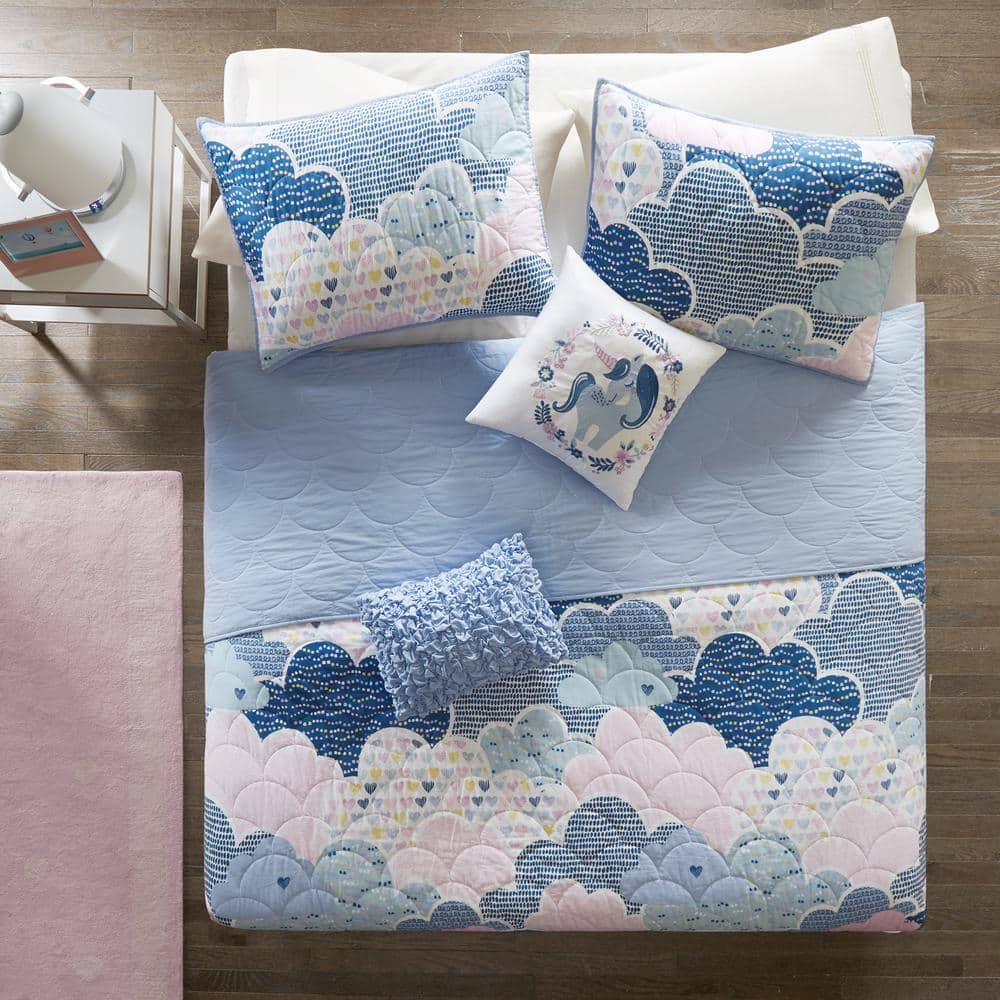 Blue Twin Cotton Reversible Fantasy Coverlet Set with Throw Pillows