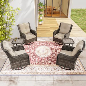 6-Piece Wicker Patio Conversation Set with All-Weather Swivel Rocking Chairs Beige Cushions