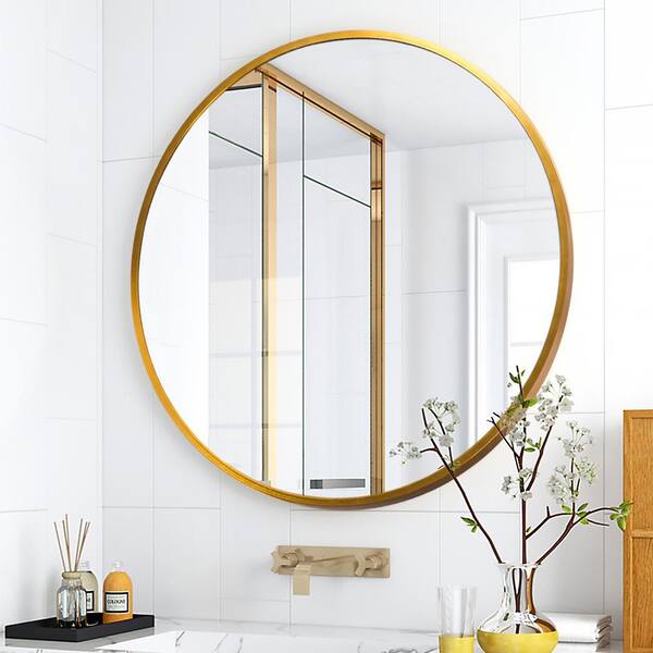 NEUTYPE Medium Round Gold Shelves & Drawers Modern Mirror (24 in