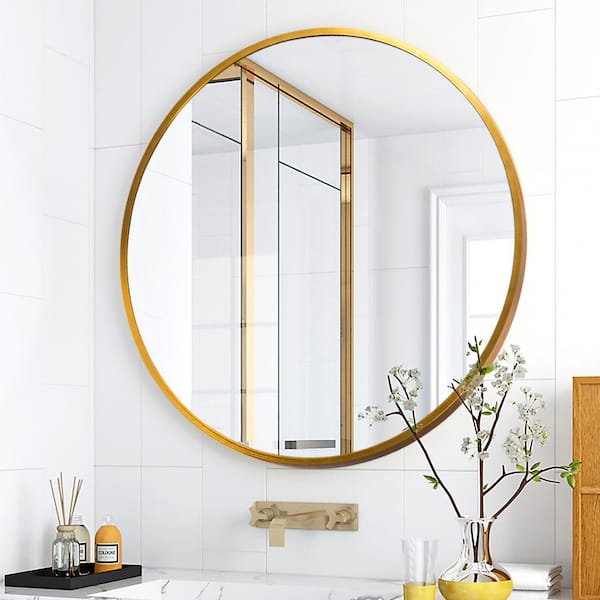 Neu Type Medium Round Gold Shelves, Bathroom Vanity Mirror With Shelves