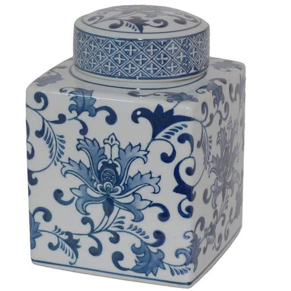 Unbranded Briton 6 in. Blue and White Square Ceramic Jar
