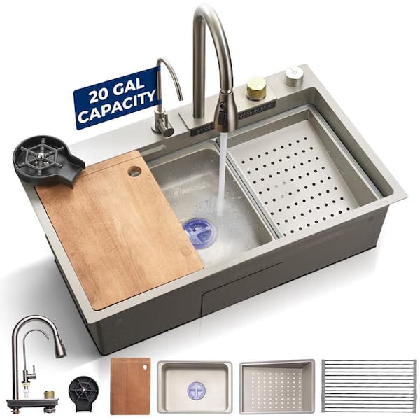 30 in. Drop-In/Undermount Single Bowl 18 Gauge Gunmetal Black Stainless Steel Kitchen Sink with Faucet and Bottom Grids