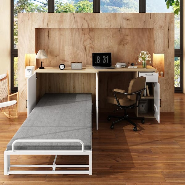 FUFU&GAGA Oak and White Wood Frame Twin Size Bed Murphy Bed Writing Desk With Rotatable Table, Drawer and Cabinet