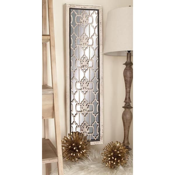 Wood White Intricately Carved Geometric Wall Decor with Mirror (Set of 2)