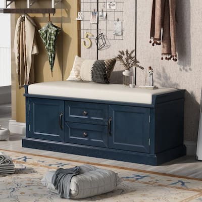 Navy Blue Wood Entryway Storage Cushioned Shoe Bench Organizer 42.5"L x 15.9"W x 17.5"H with 2 Drawers and 2 Cabinets