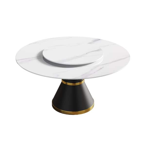 J&E Home 59.06 in. White Modern Round Sintered Stone Top Dining Table with Carbon Steel Base Seats 8