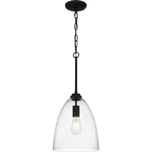 Trenton 1-Light Matte Black Shaded Pendant with Clear Seedy Glass Shade