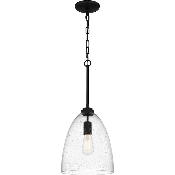 DSI LIGHTING Trenton 1-Light Matte Black Shaded Pendant with Clear Seedy Glass Shade