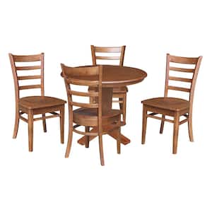 Aria Distressed Oak 36 in Round Solid Wood Dining Pedestal Table with 4 Emily Chairs, Seats 4