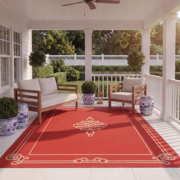 Courtyard Red/Cream 8 ft. x 11 ft. Border Indoor/Outdoor Patio  Area Rug