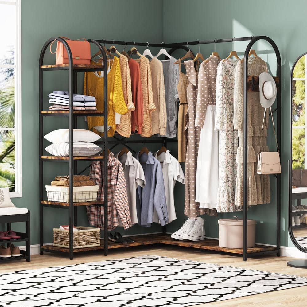 Carmalita Rustic Brown and Black L-Shaped Corner Garment Rack Closet Organizer with Storage Shelves and Coat Rack - thumbnail 2