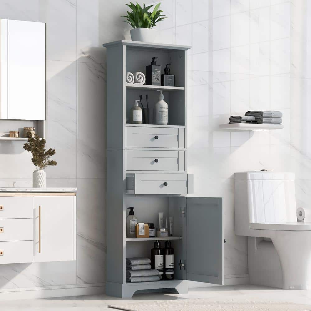 22 in. W x 10 in. D x 68.3 in. H Gray Linen Cabinet with 3 Drawers and Adju