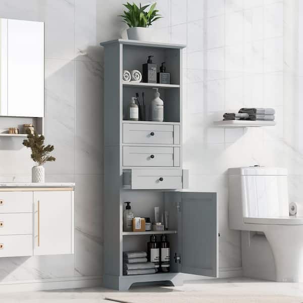Unbranded 22 in. W x 10 in. D x 68.3 in. H Gray Linen Cabinet with 3 Drawers and Adjustable Shelves for Bathroom, Kitchen