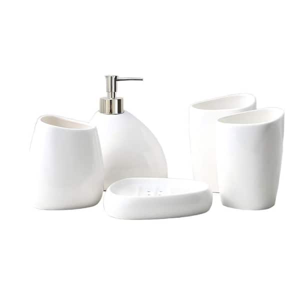 Modern Bathroom Series 5-Piece Bath Accessory Set with Soap Dispenser and Toothbrush Holder in A-White