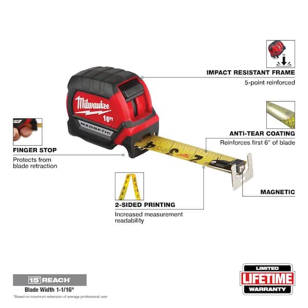 16 ft. x 1-1/16 in. Compact Magnetic Tape Measure with 15 ft. Reach