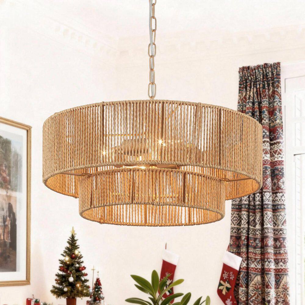 17.71 in. 4-Light Bohemian Rustic GoldBrown Tiered Drum Chandelier with 2-Tier Woven Rope Shade, No Bulb Included price history on PriceWatchPro
