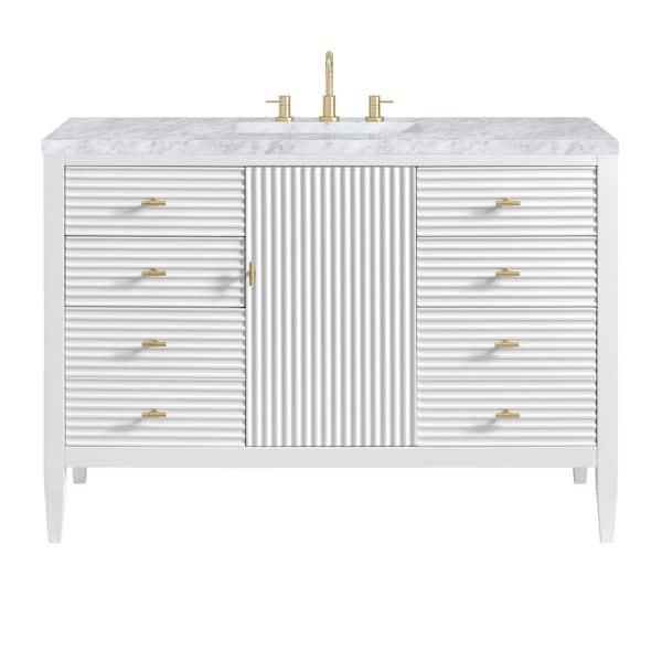James Martin Vanities Myrrin 48.0 in. W x 23.5 in. D x 34.06 in. H Single Bathroom Vanity Bright White and Carrara White Marble Top