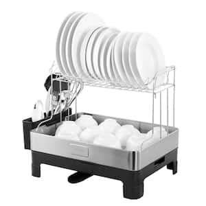 Simple 20.75 in. Stainless Steel Black Fingerprint-Proof Stainless Steel 2-Tier Dish Rack with Swivel Spout Tray