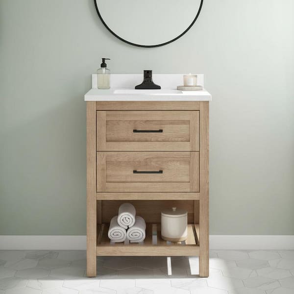 Autumn 24 in. Single Sink Weathered Tan Bath Vanity with White Engineered Stone Top (Assembled)