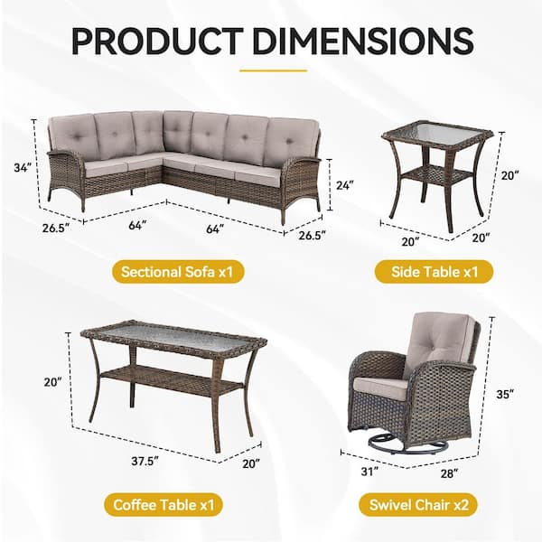 6-Piece Brown Wicker Outdoor Sectional Set with Olefin Beige Cushions and L-Shaped Sofa/Swivel Glider Chairs